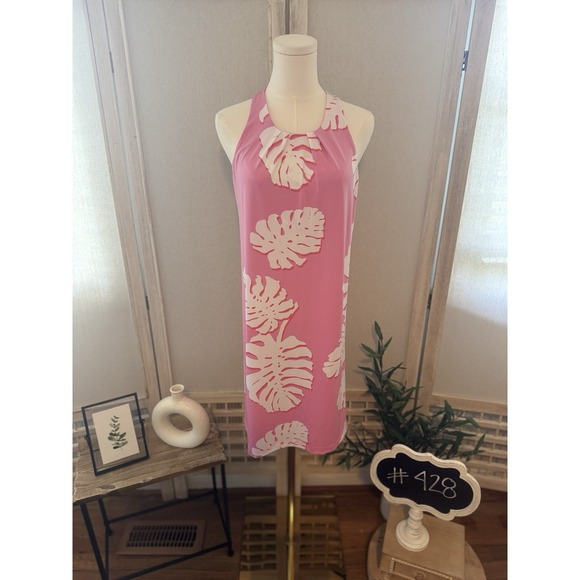 Tori Richard Pink Monstera Leaf Halter Dress Resort Wear Size M - Picture 2 of 9